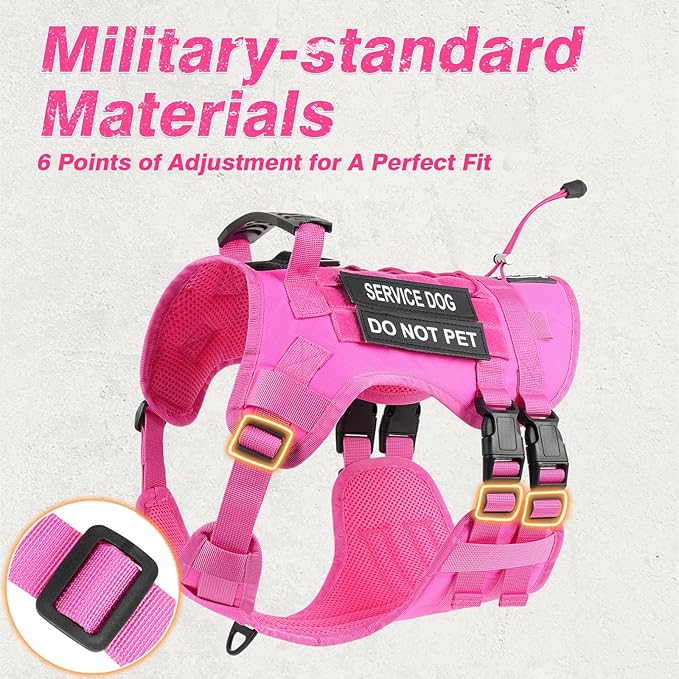 No Pull Tactical Dog Harness for Large Dogs, Escape Proof Molle Dog Vest Harness and Leash Set, Adjustable Military Service Dog Harness with Handle for Medium Large Dogs (Pink, M)