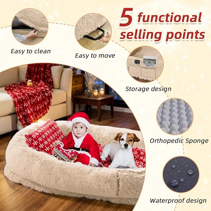 Human & Pet Bed - 71''x45''x12'' Washable Faux Fur, Orthopedic Dog Bed for Napping, Plump Pillow & Blanket, Strap - Beige
