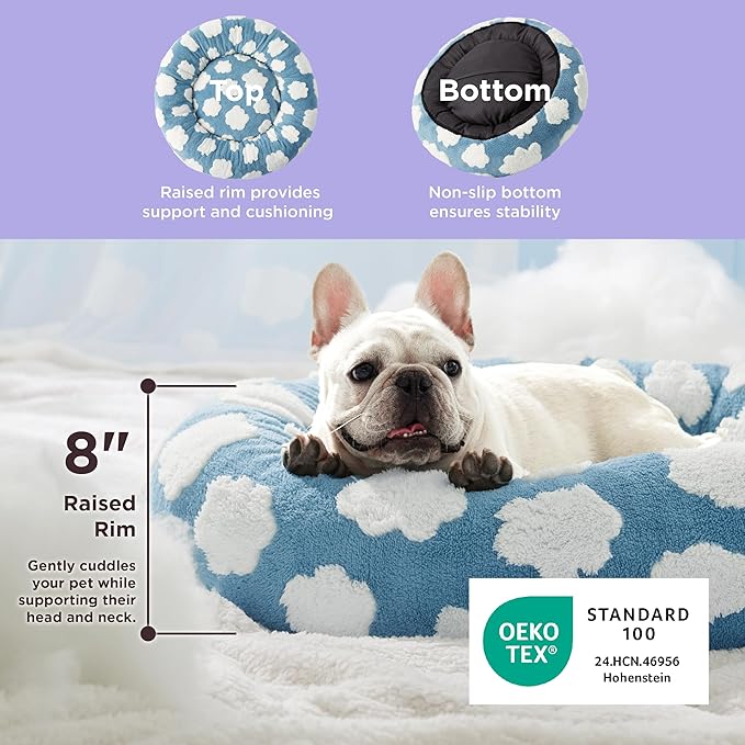 LE SURE Donut Small Dog Bed - Round Cat Beds for Indoor Cats Calming Pet Beds, Cute Modern Beds with Jacquard Shaggy Plush & Anti Slip Bottom, 27 Inch, Blue