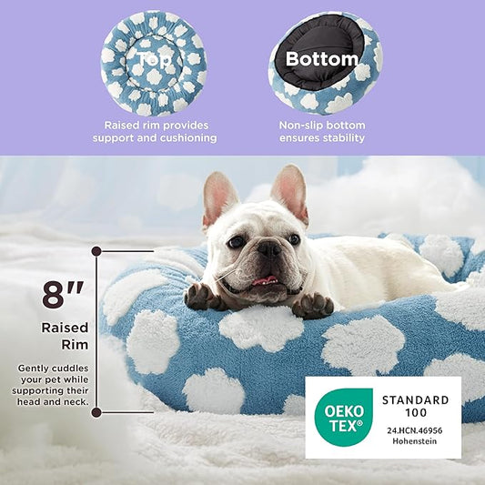 LE SURE Donut Small Dog Bed - Round Cat Beds for Indoor Cats Calming Pet Beds, Cute Modern Beds with Jacquard Shaggy Plush & Anti Slip Bottom, 27 Inch, Blue