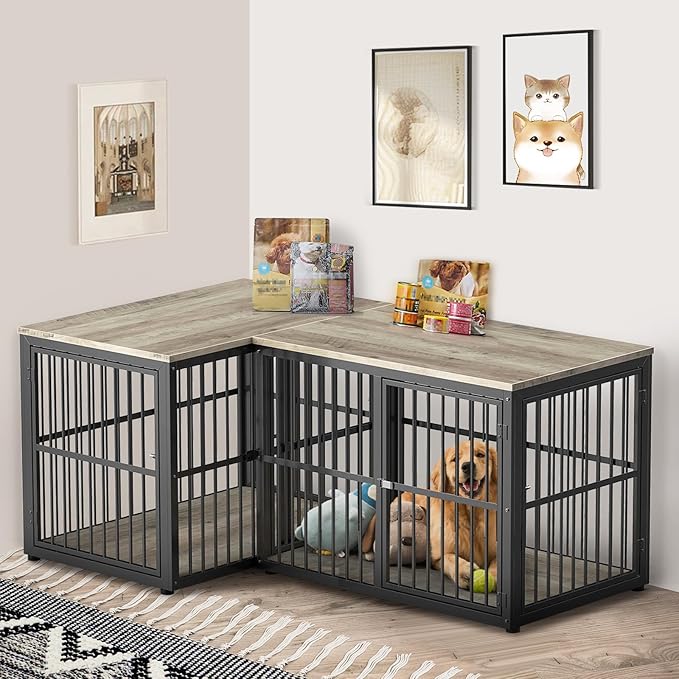 Lyromix 43'' L-Shaped Corner Dog Crate Furniture Large Breed with Double Rooms,Wooden Dog Crate End Table Indoor with Removable Divider for Small to Medium Dogs, Can Use Separately