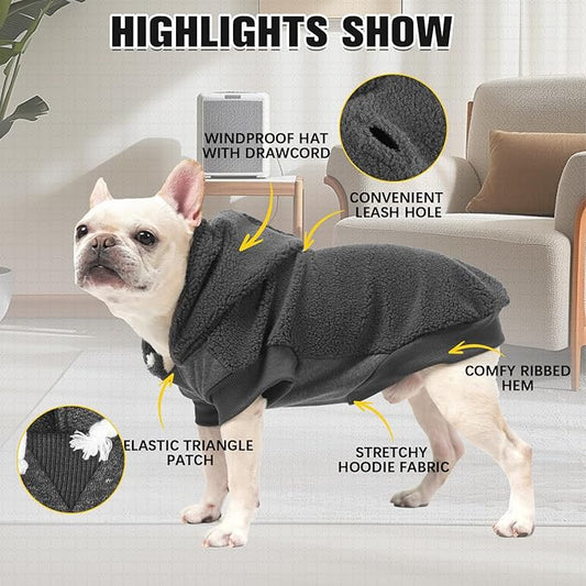 BINGPET Dog Hoodie with Leash Hole, Warm Fleece Dog Sweatshirt and Coat for Cold Weather - Puppy Small/Medium/Large Boy and Girl (Grey, L)