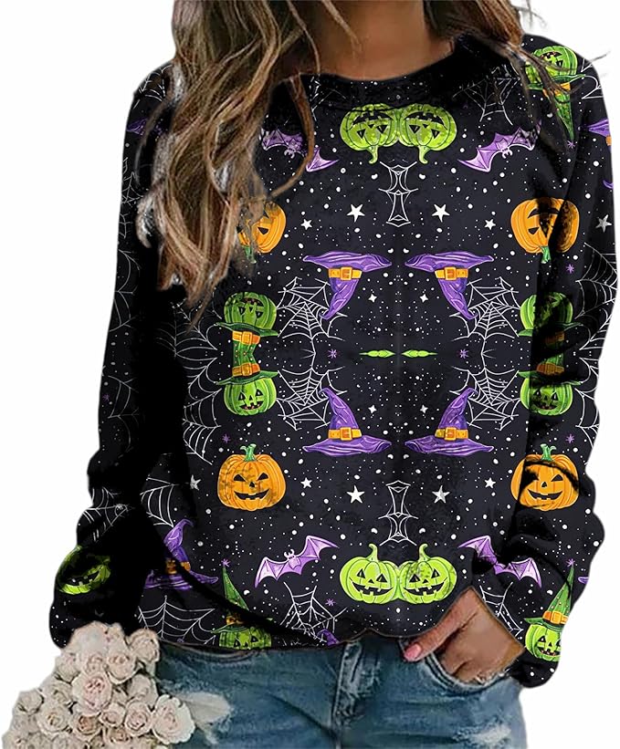 MARSVOVO Fall Sweatshirt for Women Novelty Spider Web Shirt Dressy Casual Crewneck Tunic Tops Spring Graphic Pullover