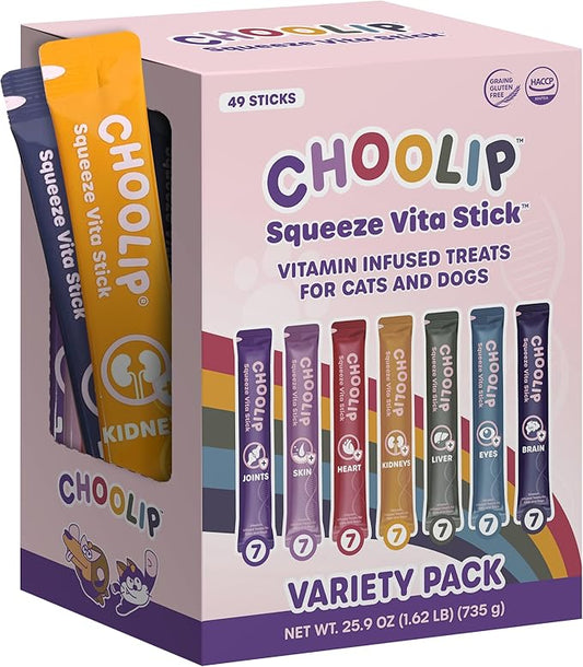 Choolip Squeeze Vita Stick Lickable Cat Treats & Dog Puree – 49-Count Variety Pack, Creamy Squeeze Tubes with Multivitamins, Grain-Free High-Protein Puree, Vet-Formulated Healthy Treats