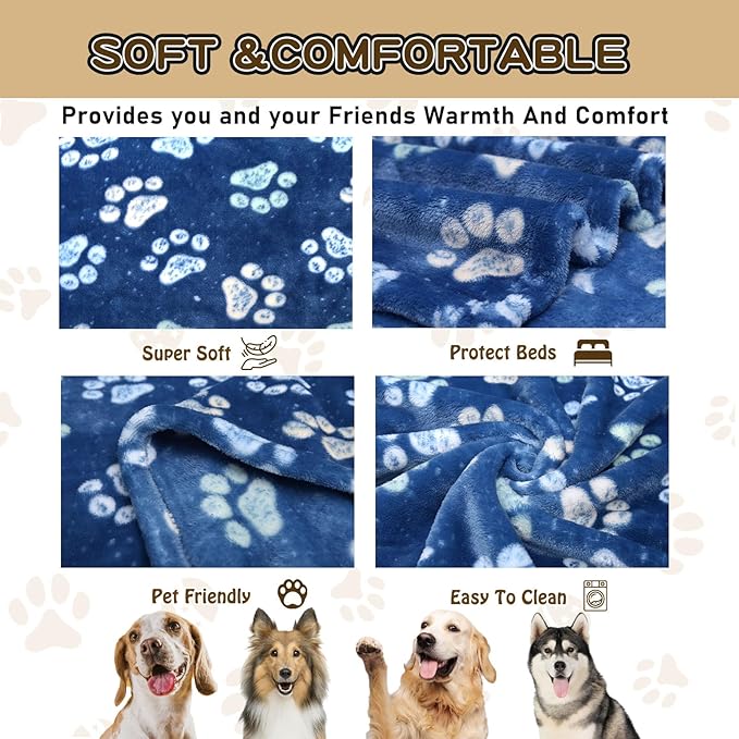 Flannel Pet Blankets for Large Dogs & Cats, Washable, Soft Mat Throw Cover for Kennel, Crate, Bed - Cute Paw Pattern - Navy Blue 50" x 60"