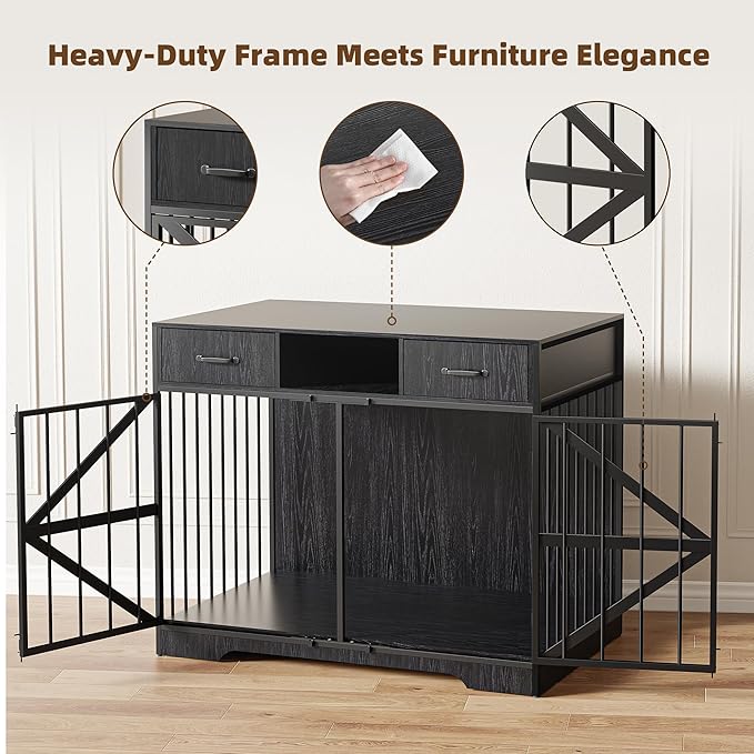 44" Large Dog Crate Furniture, Wooden Heavy Duty Dog Kennel TV Stand with 2 Drawers, Indoor Multi-Functional Decorative XL Furniture for Medium & Large Breeds, Black