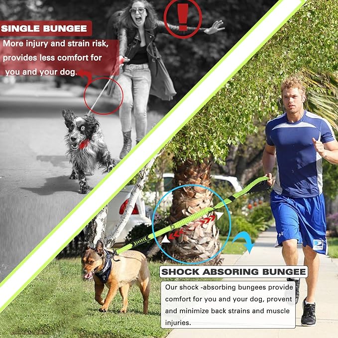 Heavy Duty Dog Leash Especially for Large Dogs Up to 150lbs, 4 Ft Reflective Dog Walking Training Shock Absorbing Bungee Leash with Car Seat Belt Buckle, 2 Padded Traffic Handle for Extra Control