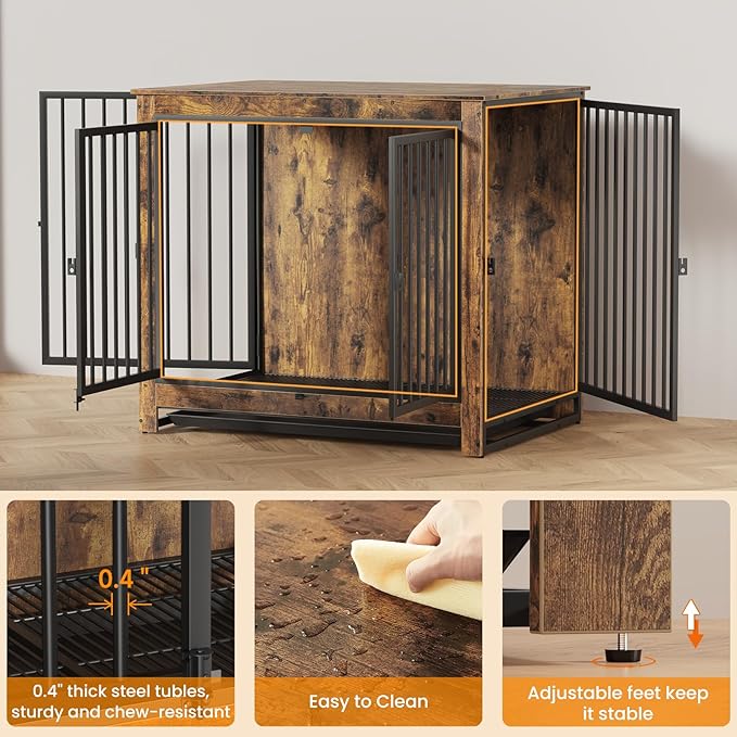 Dog Crate Furniture, 42 InchI ndoor Large Dog Kennel for Medium to Large Dogs Up to 70 LBS, Heavy Duty Wooden Pet Cage End Table with 3 Doors, Alloy Steel Frame & Removable Tray