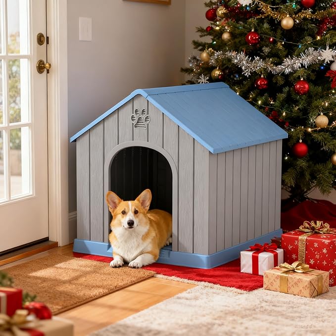 Fancyango Dog House Outdoor Indoor for Medium Large Dogs, Sturdy Plastic Waterproof Doghouse with Air Vents and Elevated Floor, Easy Clean and Assemble (Blue, 26.18''L × 24.02''W × 25.98''H)