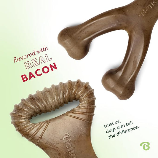 Benebone 2-Pack Wishbone/Dental Durable Dog Chew Toys, Real Bacon, Made in USA, Large
