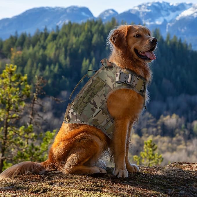 Tactical Dog Backpack Harness for Large Breed Original Design Metal Buckle Vest with Side Bags Pouches for Service Working Training (Khaki (with 2 Pouches), XL)