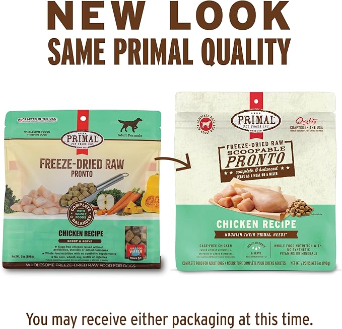 Primal Freeze Dried Dog Food, Pronto Mini Nuggets, Chicken; Scoop & Serve, Complete & Balanced Meal; Also Use As Topper or Treat; Premium, Healthy, Grain Free, High Protein Raw Dog Food (7 oz)