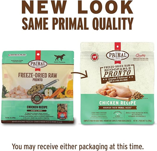 Primal Freeze Dried Dog Food, Pronto Mini Nuggets, Chicken; Scoop & Serve, Complete & Balanced Meal; Also Use As Topper or Treat; Premium, Healthy, Grain Free, High Protein Raw Dog Food (7 oz)