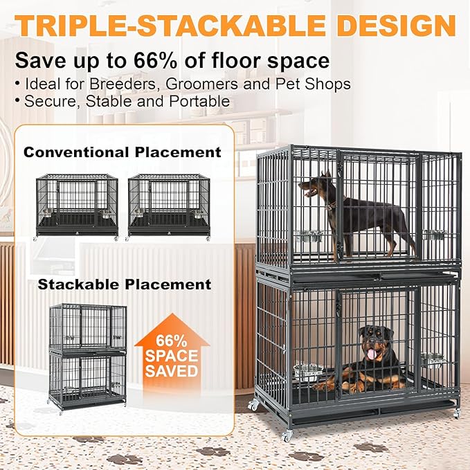 Homey Pet 48 Inch Heavy Duty Indestructible Dog Crate, Stackable Escape Proof Dog Cage Kennel Indoor with Two Trays, Metal Grids, Wheels, Bowls, Double Doors for High Anxiety Large Dogs(2 Tiers)