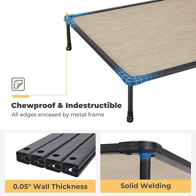 Veehoo Chewproof Elevated Dog Bed - Cooling Raised Pet Cot, Breathable Mesh, Washable & Non-Slip for Large Dogs, Indoor/Outdoor, Beige Coffee Mat and Black Frame, 42x30inches (Model CWC2203A03)