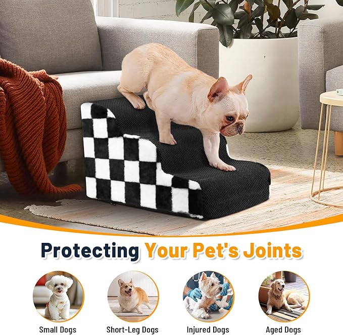 Dog Stairs for Bed, Dog Steps for Bed and Couch, Non-Slip Balanced Pet Ramp Indoor, Checkerboard Pattern. 20.5inches H, 4-Step