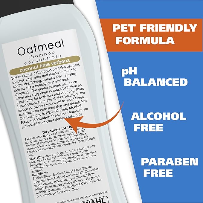 Wahl USA Dry Skin & Itch Relief Pet Shampoo for Dogs – Oatmeal Formula with Coconut Lime Verbena Scent & Pet Friendly Formula, 24 Oz - Model 820004A