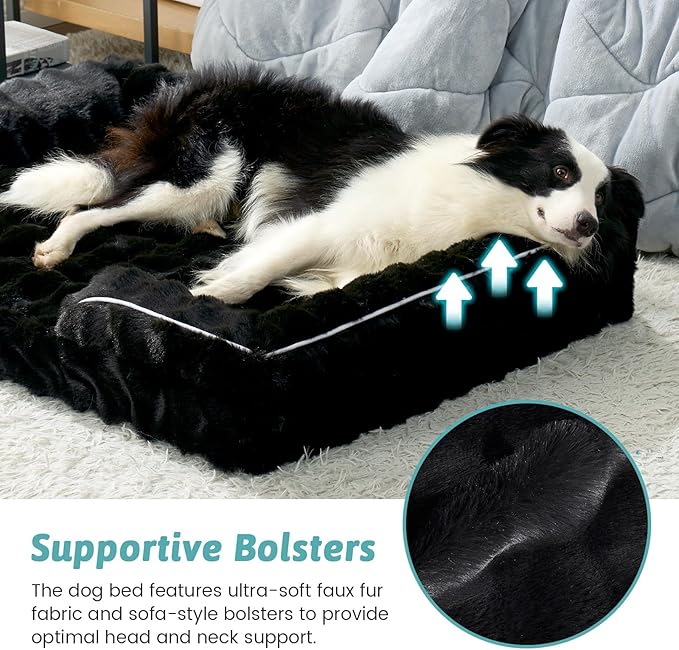 Orthopedic Dog Bed for Extra Large Dog, Faux Fur Giant Pet Sofa, Big Foam Bolster Couch with Waterproof Lining Cover, Anti-Slip, Soft, Warm, Washable, C-Shaped, XXL 48x35x8 inch, Black