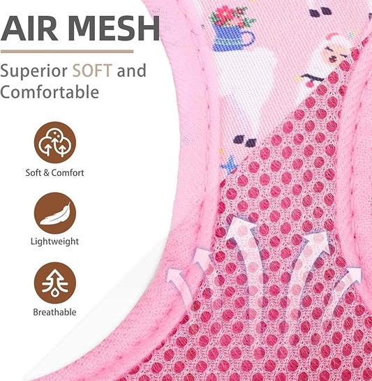 PUPTECK Dog Harness and Leash Set for Small Medium Dogs No Pull Step-in Soft Mesh Puppy Cat Vest Harnesses Reflective at Night, LightPink Print, M