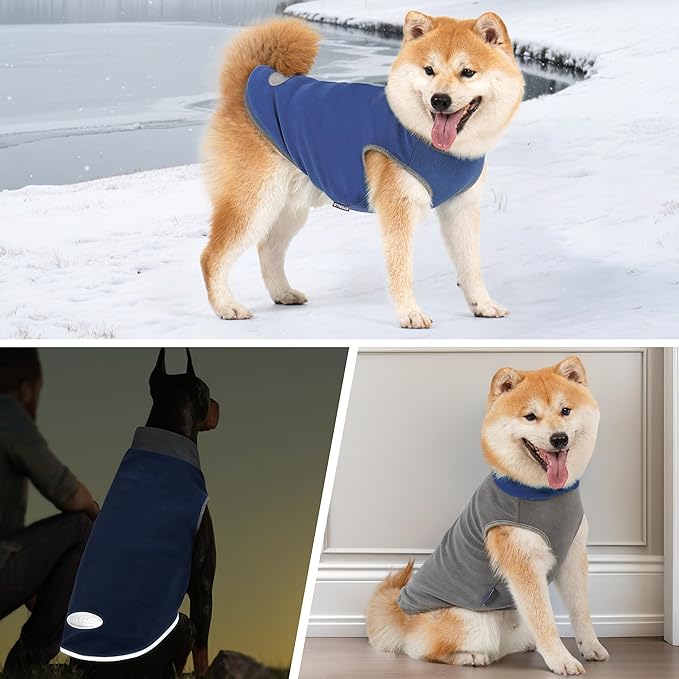 cyeollo 2 Pack Dog Sweater Soft Stretchy Fleece Vest with Reflective Stripe Pullover Sweatshirt Dog Jacket Lightweight Pet Clothes in Cold Weather Sweaters for Small Dogs Cats Grey & Blue