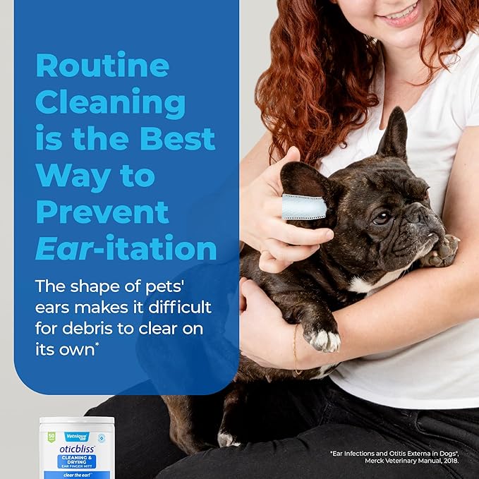 Vetnique Oticbliss Cat & Dog Ear Wipes - Dog Ear Infection Treatment or Dog Ear Cleaner Wipes for Dirty, Waxy, Smelly Dog Ears, Odor Control with Aloe Vera & Salicylic Acid (Finger Mitt Ear Wipes)