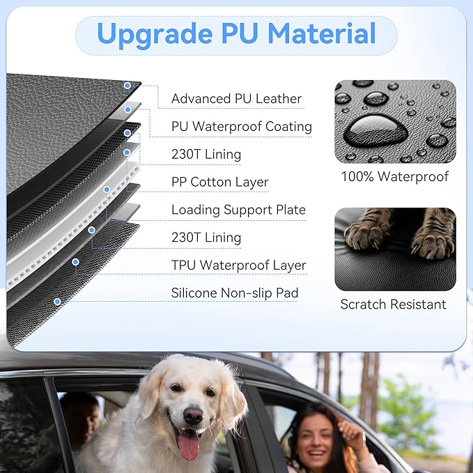 Back Seat Extender for Dogs, PU Leather Hard Bottom Dog Car Seat Cover for Back Seat, Waterproof, Scratch Proof and Anti Slip Dog Hammock for Cars and SUVs, Holds 400 lbs