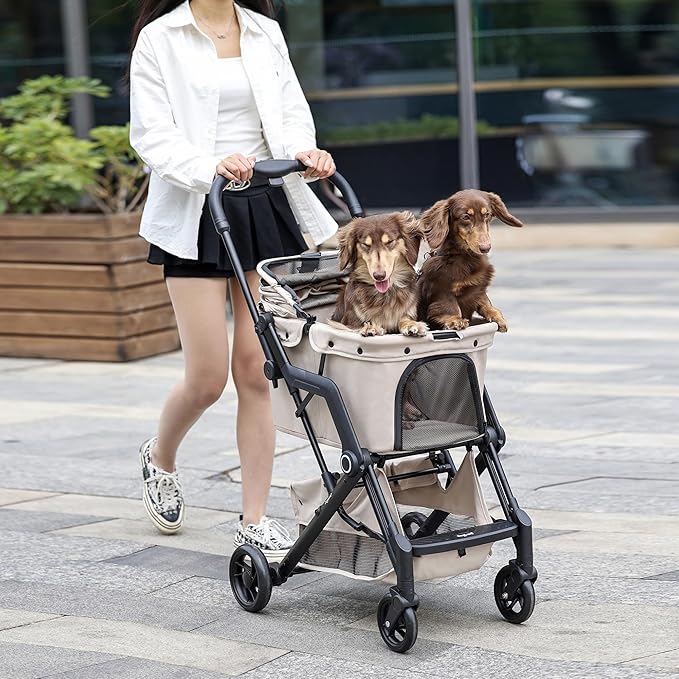 Dog Cat Strollers, Suitable for Dogs and Cats Weighing No More Than 66 Pounds, Foldable 4 Wheels Pet Stroller, Travel Small Dog Pet Stroller with 4 Wheels (Beige)