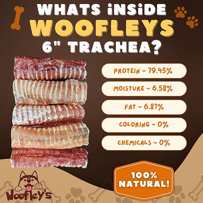 Woofley's Beef Trachea - (6 Inch 100 Pack) - Trachea Treats for Dogs - Natural Source of Glucosamine and Chondrotin for Joint Health - 100% Natural Beef Windpipe for Dogs
