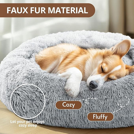 JOLLYVOGUE Small Dog & Cat Beds for Indoor Cats, Donut Cuddler Warming Soft Dog Beds with Anti-Slip Bottom, Round Calming Fluffy Plush Faux Fur Cushion Bed for Large Dogs (36", Smoke Grey)