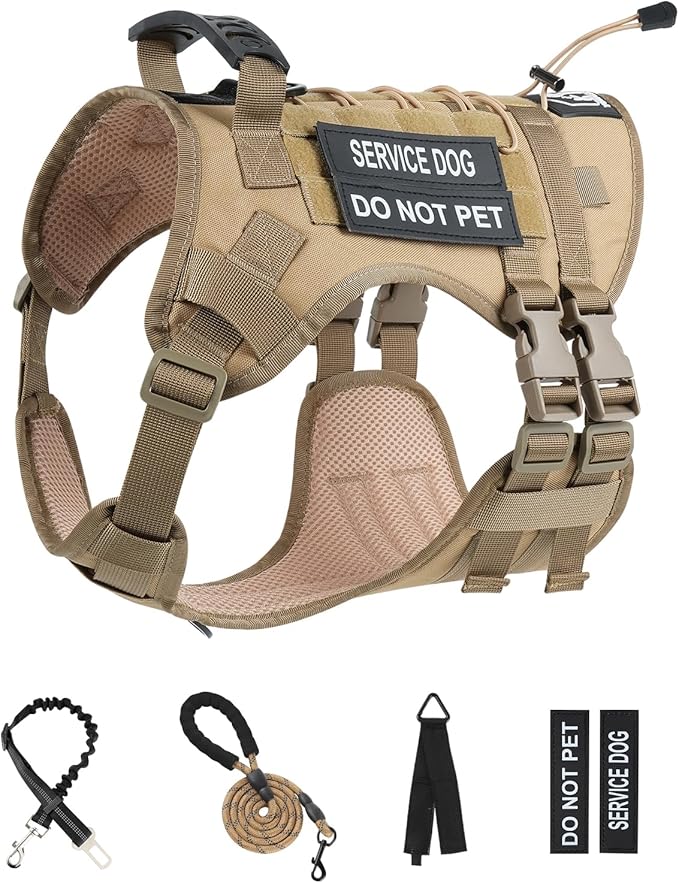No Pull Tactical Dog Harness for Medium Dogs, Escape Proof Molle Dog Vest Harness and Leash Set, Adjustable Military Service Dog Harness with Handle for Medium Large Dogs(Brown,Medium)
