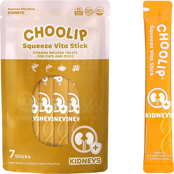 Choolip Squeeze Vita Stick Lickable Cat Treats & Dog Puree – 7-Count Kidney Support Tubes, Creamy Grain-Free Hydrating Puree, High-Protein Multivitamin Treats for Urinary & Kidney Health