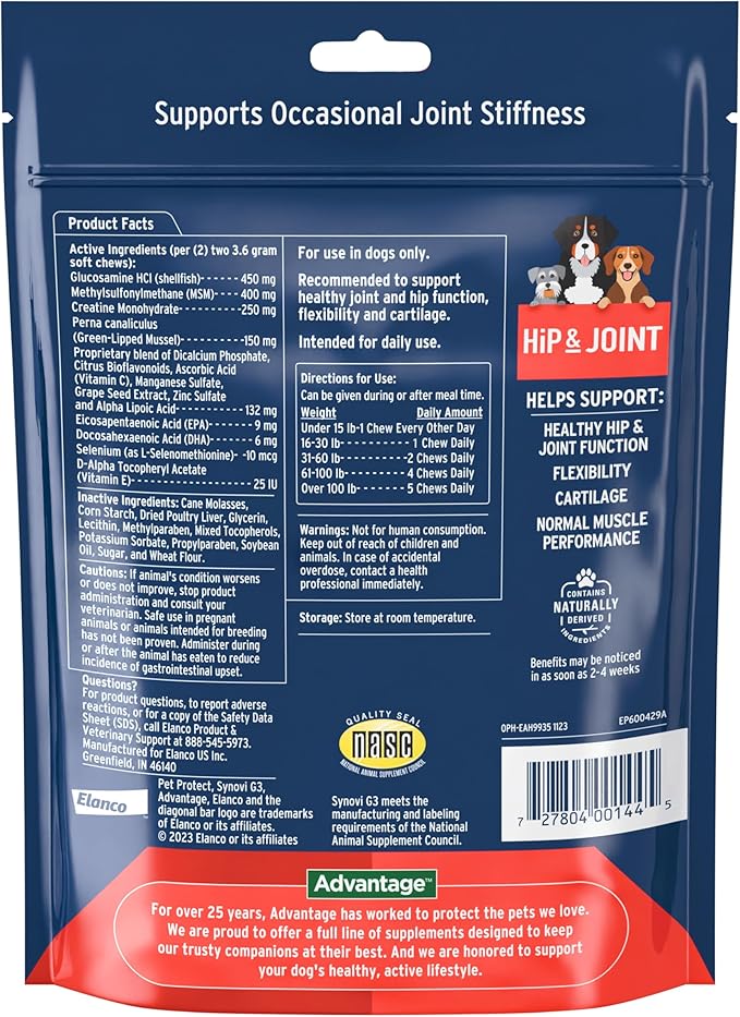 Pet Protect Dog Hip & Joint Supplement for Occasional Joint Stiffness, Vet-Formulated Synovi G3, Dog Glucosamine, Chicken-Flavored Soft Chews (120 Count)
