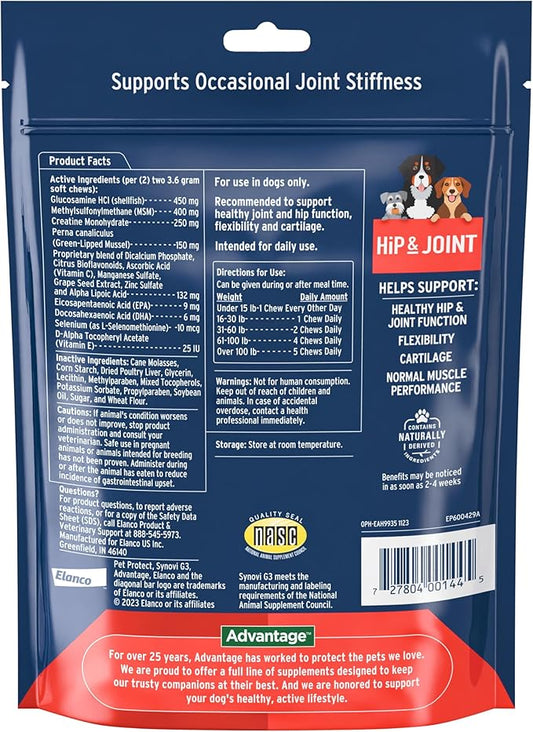 Pet Protect Dog Hip & Joint Supplement for Occasional Joint Stiffness, Vet-Formulated Synovi G3, Dog Glucosamine, Chicken-Flavored Soft Chews (120 Count)