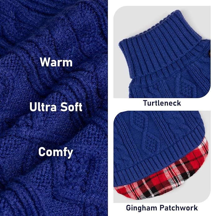 KYEESE Dog Sweater Thick Pet Coat for Fall Winter Cold Weather Stretchy Knitwear Cat Clothes Warm Turtleneck Small Dogs Sweater with Gingham Patchwork Soft Pullover Dog Sweaters for Small Dogs Girl