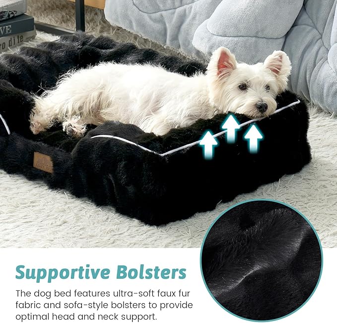 Orthopedic Dog Bed for Medium Small Size Dog, Faux Fur Pet Sofa, Foam Bolster Couch with Waterproof Lining Cover, Anti-Slip, Soft, Warm, Washable, C-Shaped, M 30x20x6.5 inch, Black