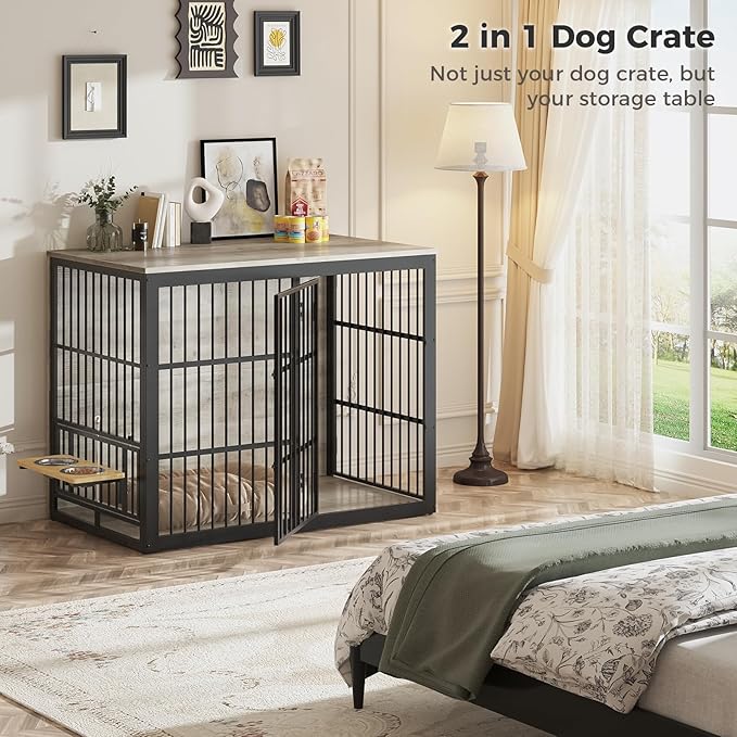 Lyromix 48'' XXL Dog Crate Furniture with Rotating Feeder, Large Wooden Crate End Table, Heavy Duty Indoor Kennel Cage for Medium to Large Dogs, Grey