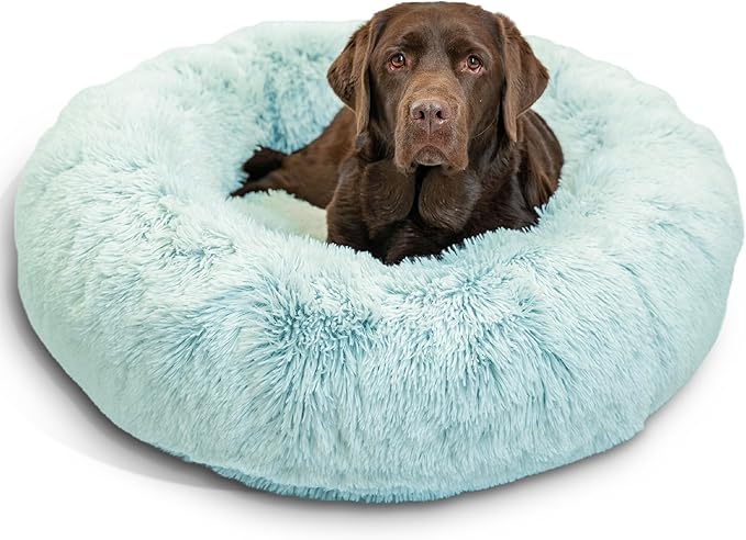 Best Friends by Sheri Original Calming Donut Dog and Cat Bed, Shag Faux Fur, Baby Blue, (36in x 36in) - Anxiety Relief for Pets Up to 100 lbs