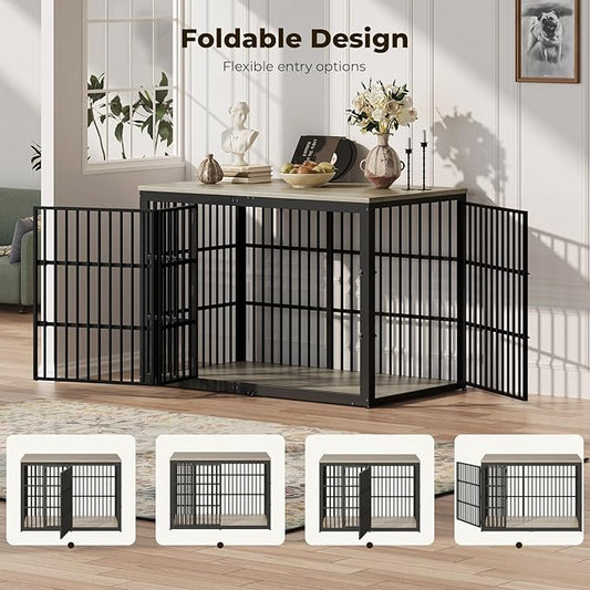 Lyromix 54" Dog Crate Furniture with Foldable Door, XXL Dog Crates for Large Dogs, Wooden Decorative Dog Cage Kennel Indoor End Table, Grey