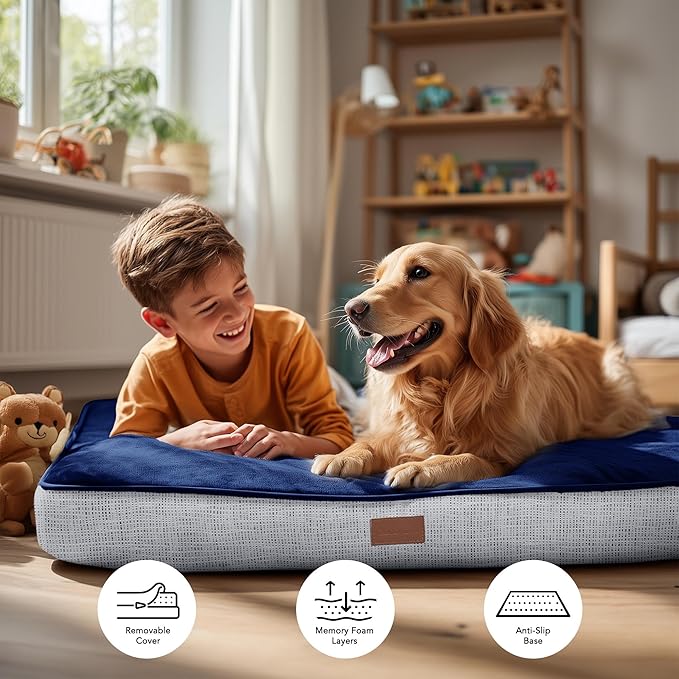 Deconovo Orthopedic Dog Bed for Medium & Large Dogs – Supportive Memory Foam with Washable Cover, Non-Slip Base – Comfort for Senior, Arthritic & Active Pets, Navy Blue, 36" Lx27 Wx3 Th