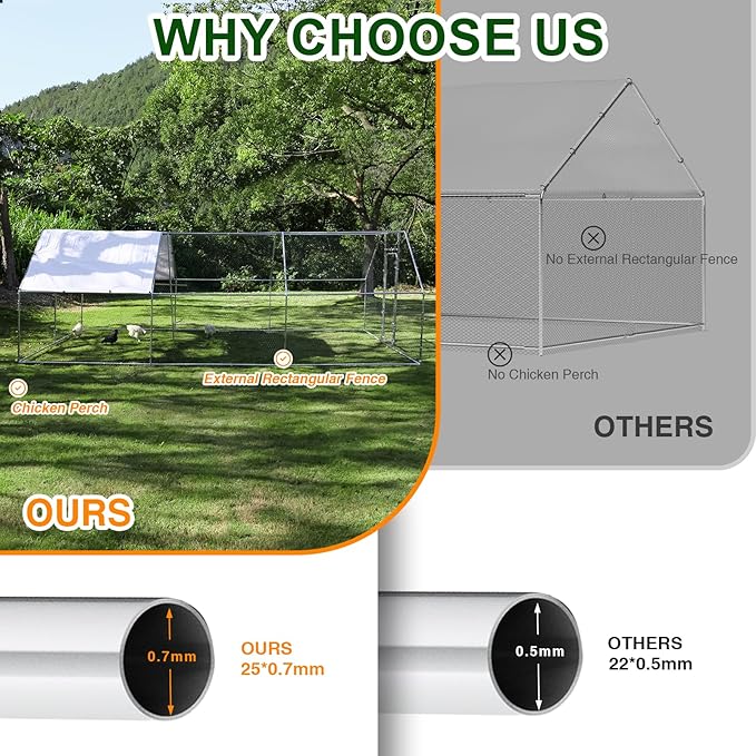Chicken Coop Large Metal Chicken House/Pen with Climbing Frame for 15-20 Chickens, Outdoor Walk-in Poultry Cage Flat Shape for Ducks, Rabbits, Dogs Etc, Silver (236" L x 117.6" W x 78.7" H)
