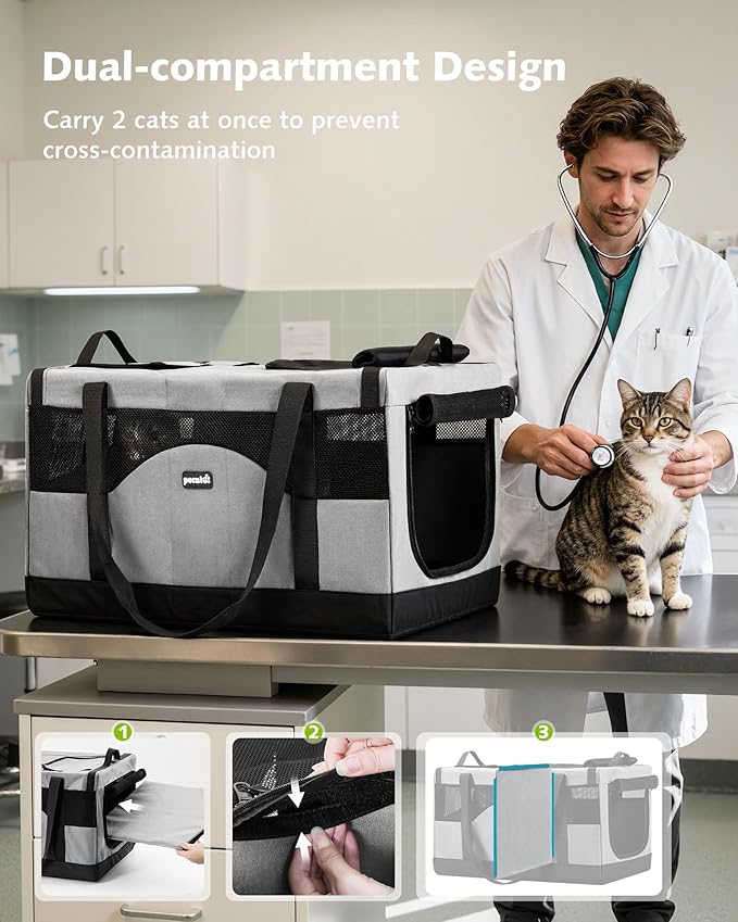 Pecute Cat Carrier for 2 Cats,Collapsible Soft Cat Carrier for Small to Medium Cat,can Hold 20lbs+ for Two Kitty Puppy,Stable and Secure Framework Design,Extra Large Dog Carrier for Travel,Gray