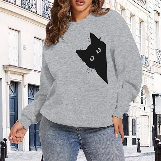 Cat Sweatshirts for Women Graphic Print Sweatshirt Funny Long Sleeve Shirt Cute Pullover Lightweight Hoodie Tops