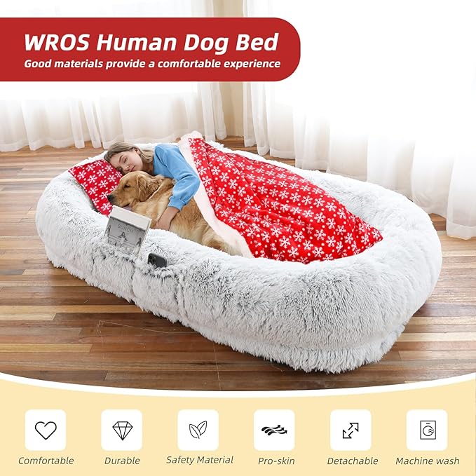 Human Dog Bed - 71"x45"x12" Orthopedic Bed for Humans & Pets, Washable, Plump Pillow, Blanket, Strap - Grey