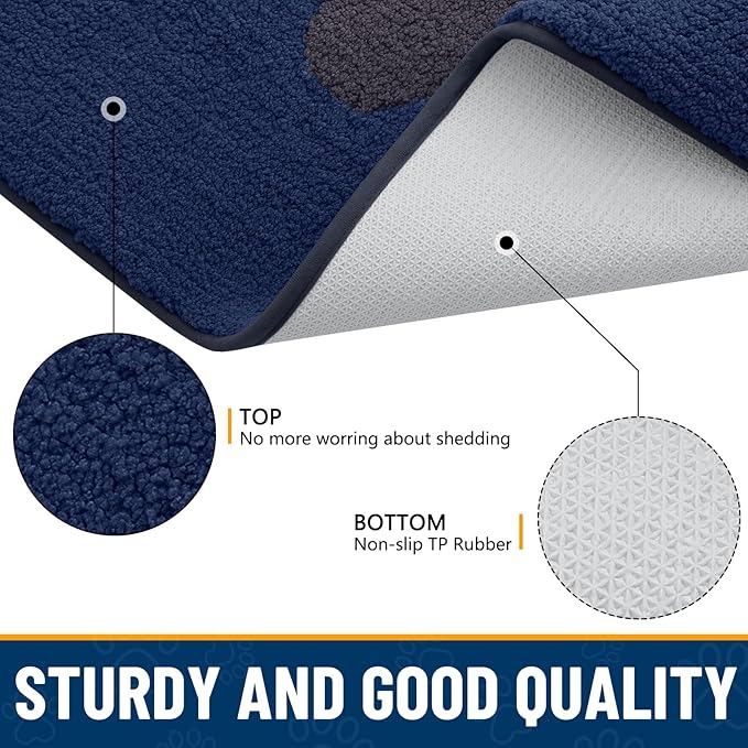 Smiry Dog Door Mat for Muddy Paws 30x20, Dirt Trapper Non Slip Washable Indoor Doormats, Absorbent Entryway Carpet for Inside Floor, Navy Blue