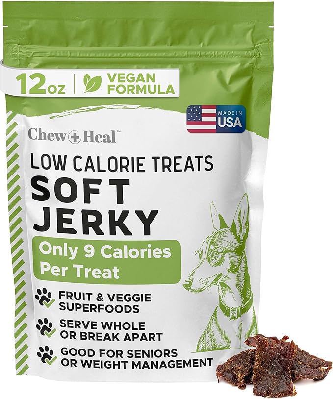Chew + Heal Labs Low Calorie Dog Jerky Treats - 12 oz of Vegan Plant Based Natural Dog Treats with Chia Seeds, Fruits, and Vegetables - Good for Weight Management - Made in The USA