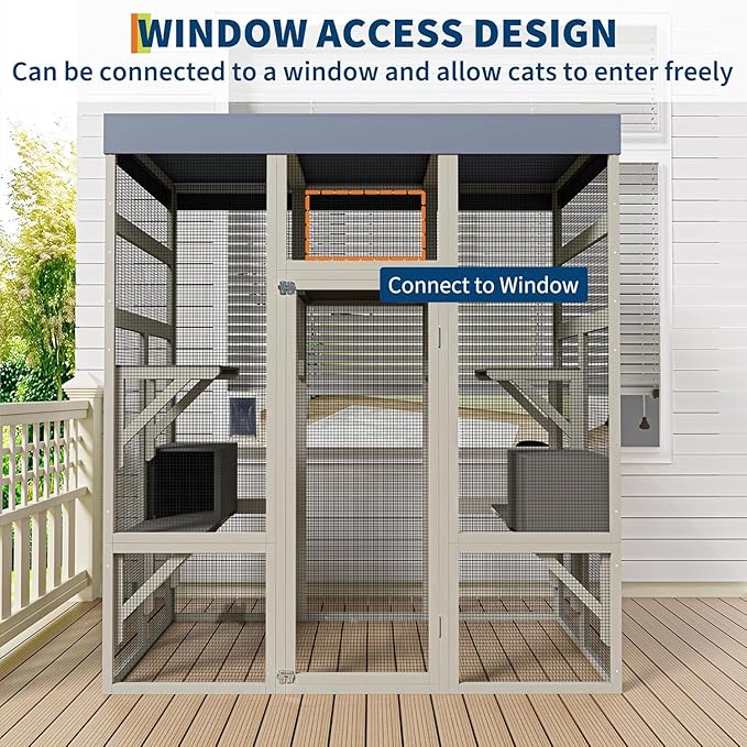 70-Inch Large Catio Enclosure, with Weatherproof Roof, UV-Protected, Wooden Frame and Rust-Resistant Steel Mesh, Cat House with 2 Lounging Boxes and Platforms, for Patio or Backyard