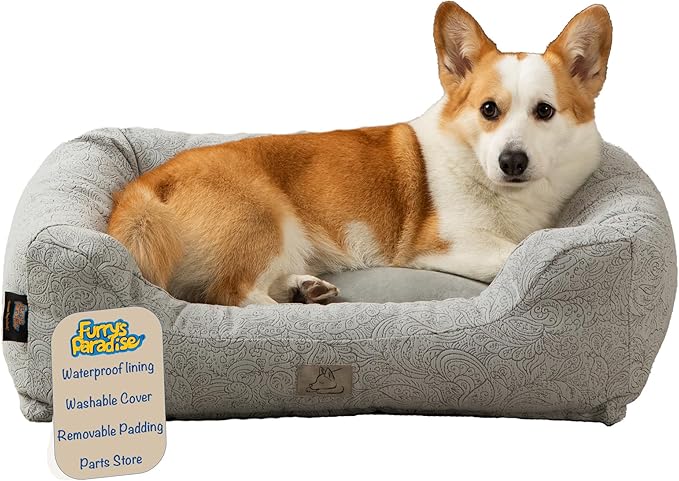 Furry's Paradise Cuddler Waterproof Bolster Pet Bed with Recycled Fibers and Non-Slip Bottom. (Gray Paisley, Small)