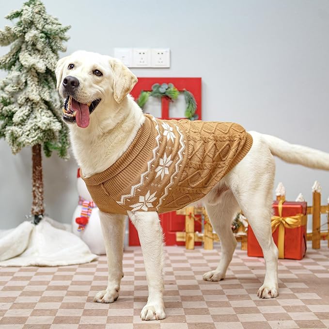 Warm Winter Pink Dog Sweater - Cold Weather Pet Clothes for Small Medium Large Dogs Indoor Outdoor, Soft Classic Knit Puppy Apparel Coat, Khaki, XL