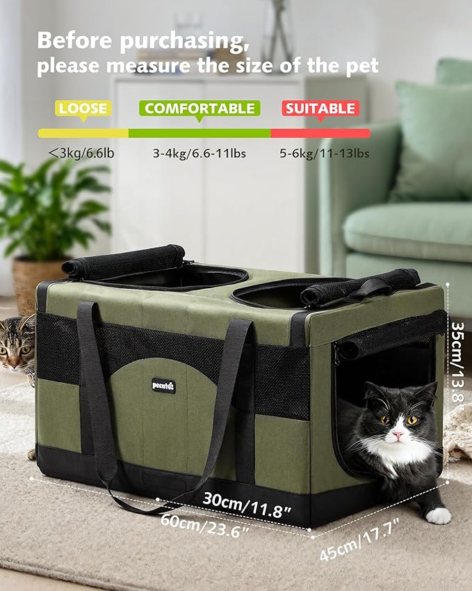 Pecute Cat Carrier for 2 Cats,Collapsible Soft Cat Carrier for Small to Medium Cat,can Hold 20lbs+ for Two Kitty Puppy,Stable and Secure Framework Design,Extra Large Dog Carrier for Travel,Green
