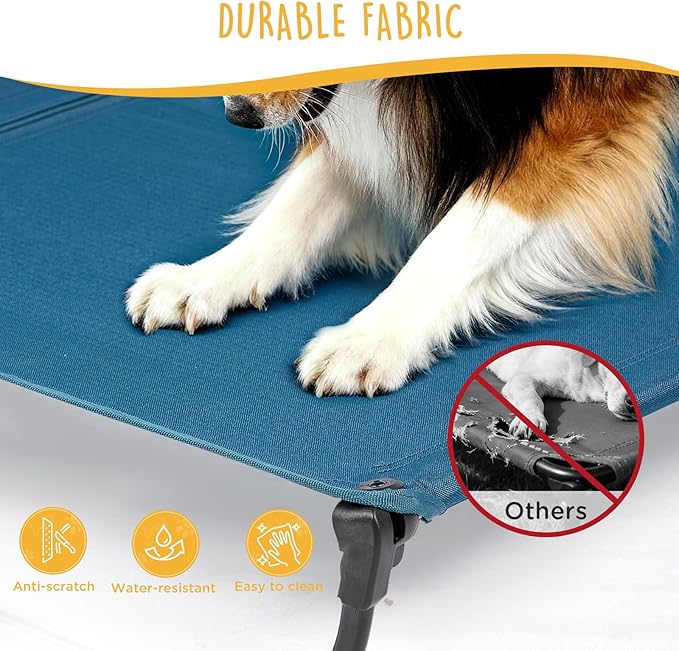 Daisy Cot, Medium Foldable Elevated Dog Bed, Portable Raised Outdoor Folding Dog Cot, Cooling, Chew Proof, Waterproof, Heavy Duty Up to 160 Lbs for Camping/Home, Dark Blue, 32"x 19"x6"